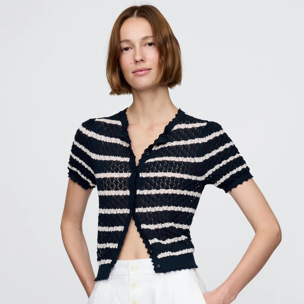 Gap × DÔEN Linen-Blend Navy Blue & White Striped Pointelle Cardigan XXS Coquette